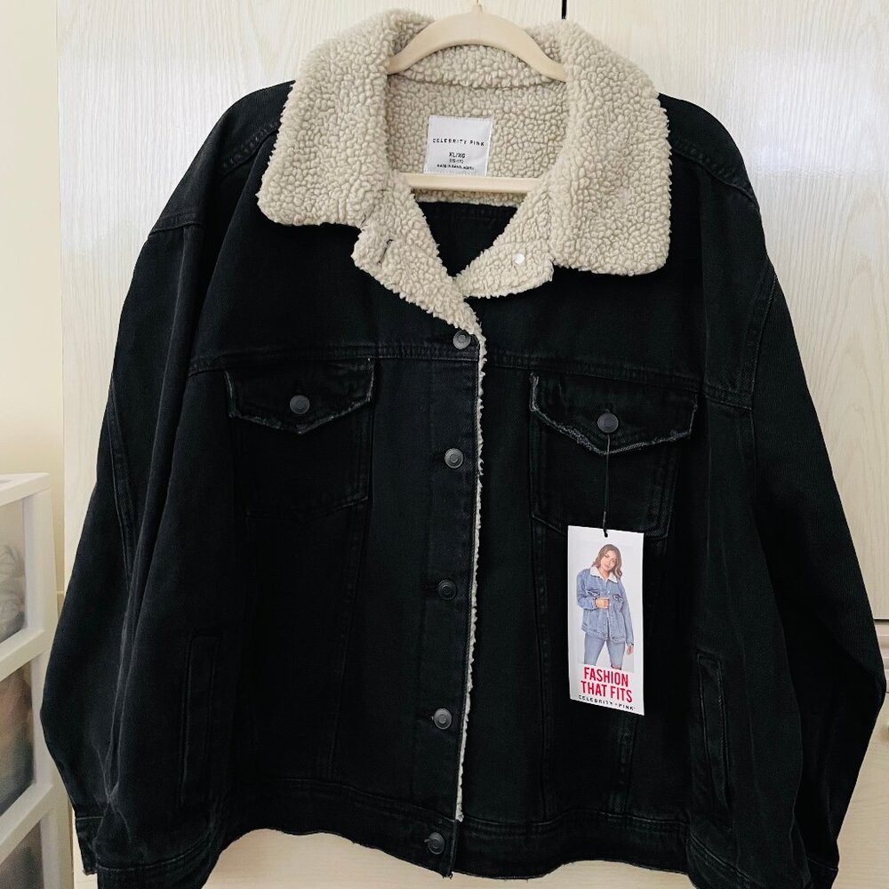 Celebrity Pink's Women's Cotton Sherpa Denim Trucker Jacket BLACK XL/XG (15-17)